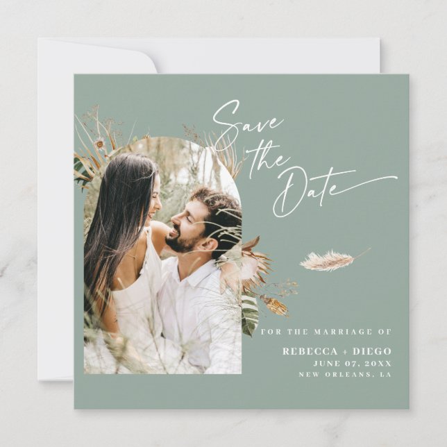 Modern Boho Photo Save The Date Sage Magnetic Card (Front)