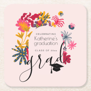 Modern Boho Pink Arch Floral Graduation Party Square Paper Coaster