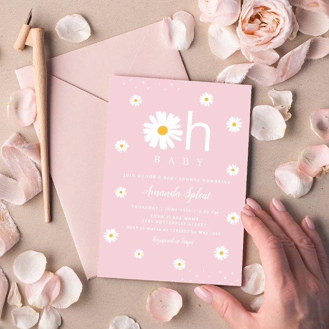 Modern Boho Pink Daisy Floral Baby Girl Shower Inv Invitation (Creator Uploaded)