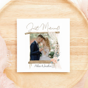 Modern Boho Pink Elegant Floral Just Married Holiday Card