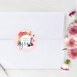 Modern Boho Pink Floral Arch Graduate Invite Classic Round Sticker