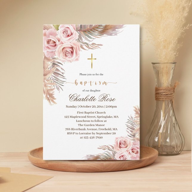 Modern Boho Pink Floral Baptism Invitation (Creator Uploaded)