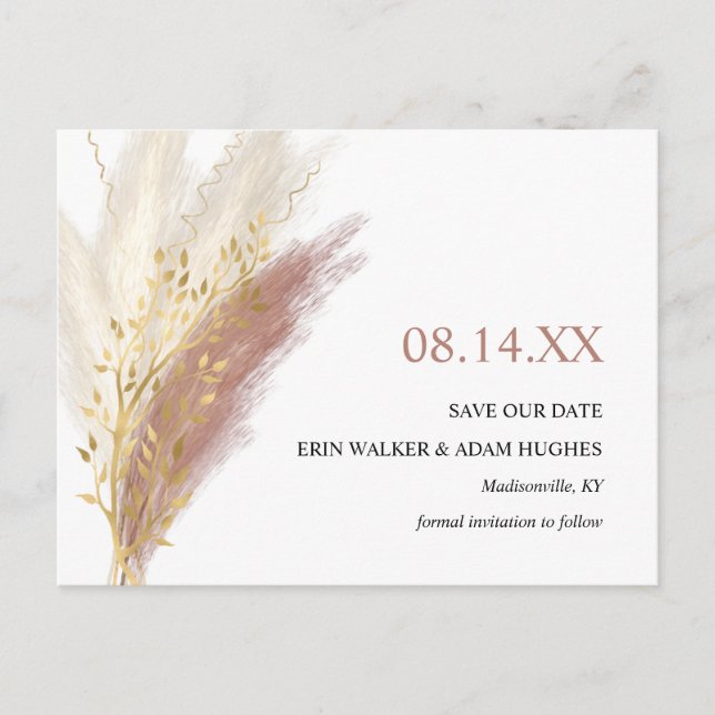 Modern Boho Pink Gold Pampas Grass  Save The Date Announcement Postcard (Front)