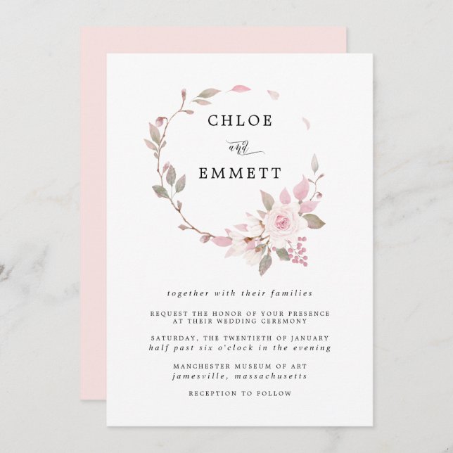 Modern Boho Pink Rose Wreath Wedding Invitation (Front/Back)