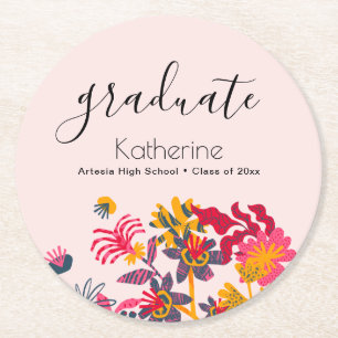 Modern Boho Pink Wildflowers Grad Party Round Paper Coaster