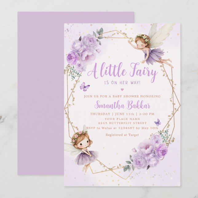 Modern Boho Purple A Little Fairy Girl Baby Shower Invitation (Front/Back)