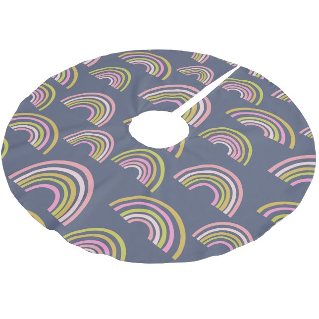 Modern Boho Rainbow Pattern in Navy Blue Brushed Polyester Tree Skirt (Angled)