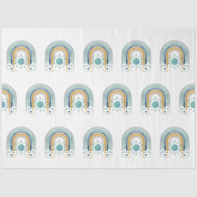 Modern BOHO Rainbow Sun Heart Dusty Blue Mustard Tissue Paper (Front)