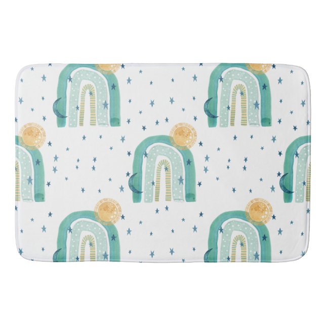 Modern Boho Rainbow Sun Moon Teal Blue Navy Stars Bath Mat (Front)