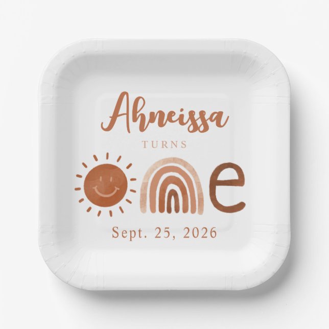 Modern Boho Rainbow Sunshine First Birthday Paper Plate (Front)