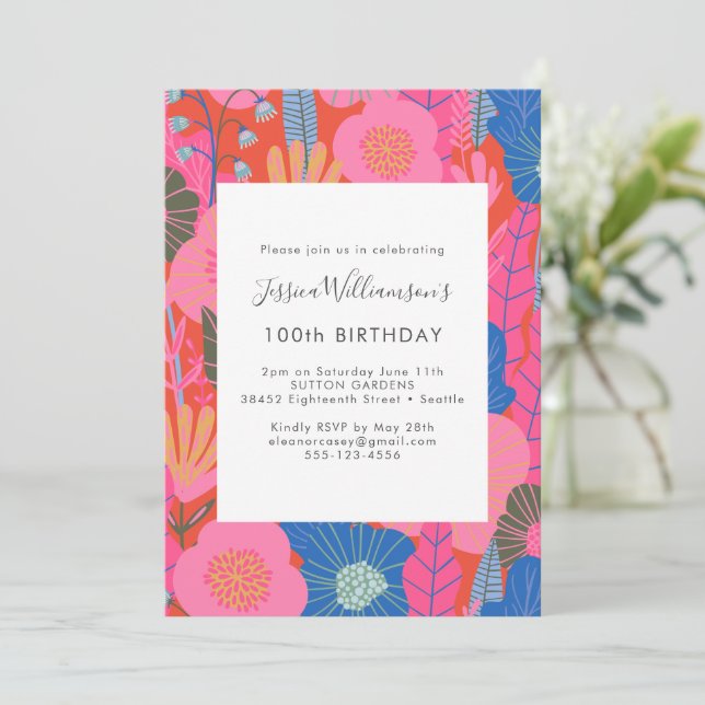 Modern Boho Red Floral 100th Birthday Party Invitation (Standing Front)