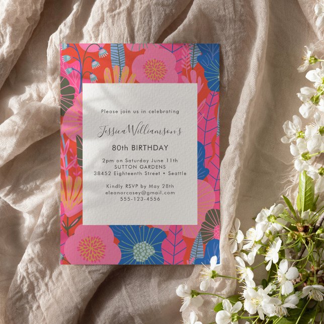 Modern Boho Red Floral 80th Birthday Party Invitation (Creator Uploaded)