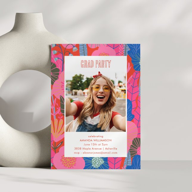 Modern Boho Red Floral Graduation Party Photo Invitation (Creator Uploaded)