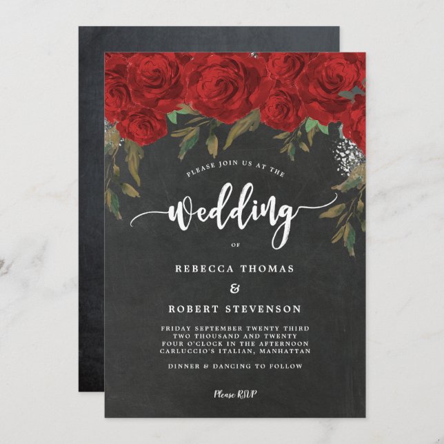 modern boho red floral wedding invitation (Front/Back)