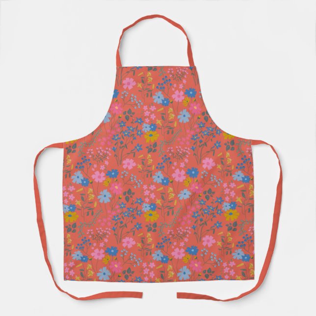 Modern Boho Red Floral Wildflowers Apron (Front)