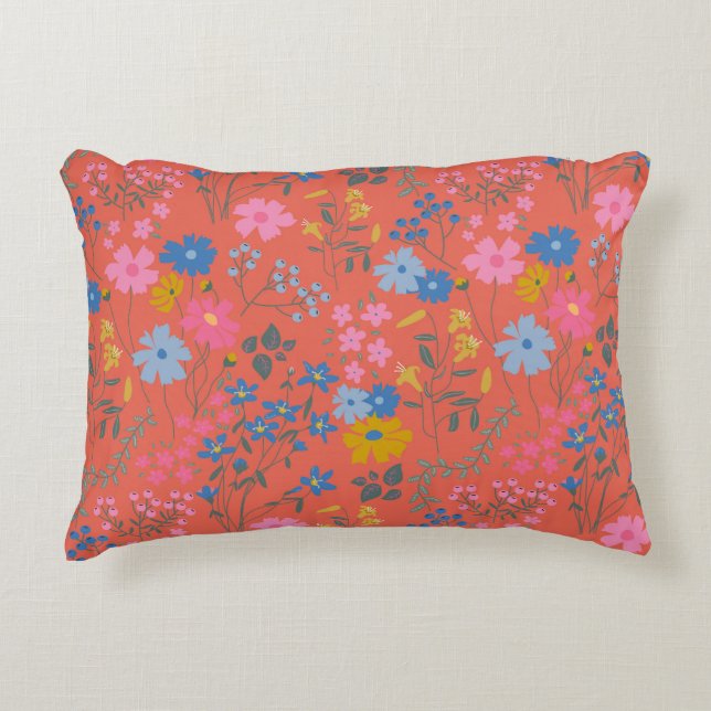 Modern Boho Red Floral Wildflowers Decorative Cushion (Front)
