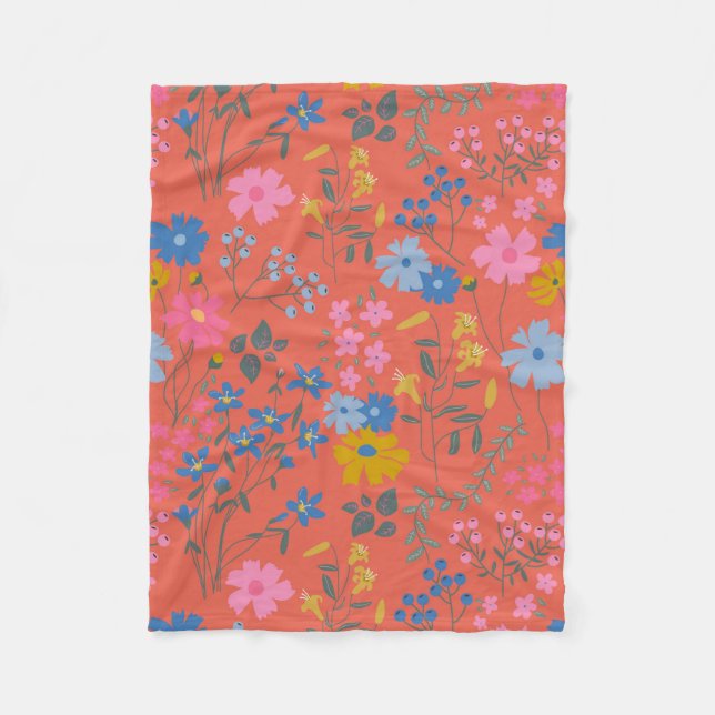 Modern Boho Red Floral Wildflowers Fleece Blanket (Front)