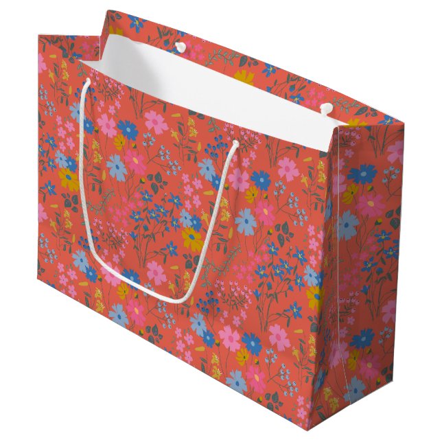 Modern Boho Red Floral Wildflowers Large Gift Bag (Front Angled)