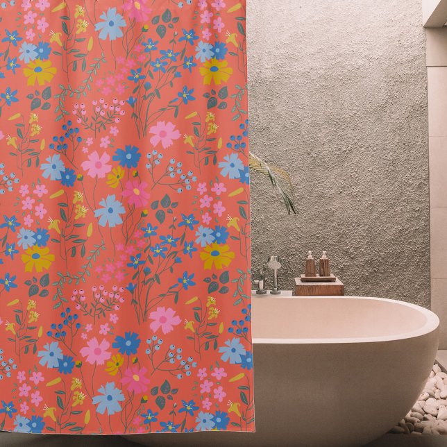 Modern Boho Red Floral Wildflowers Shower Curtain (Modern Boho Red Floral Wildflowers Shower Curtain)