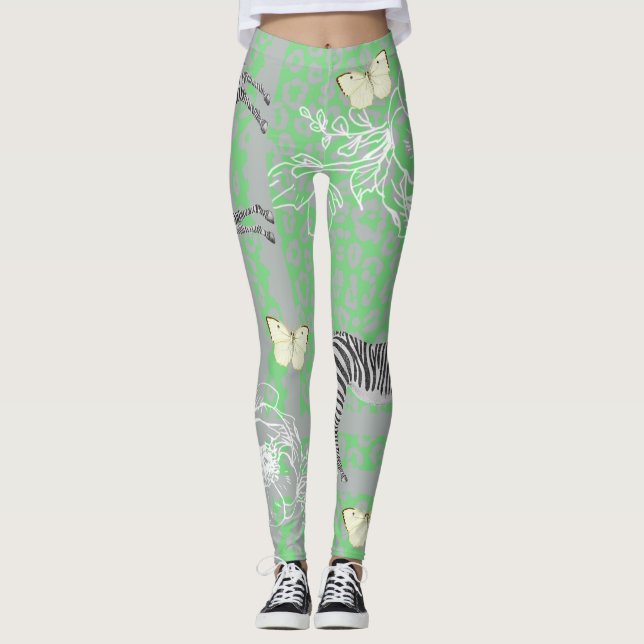 Modern Boho Safari Green Pattern Leggings (Front)