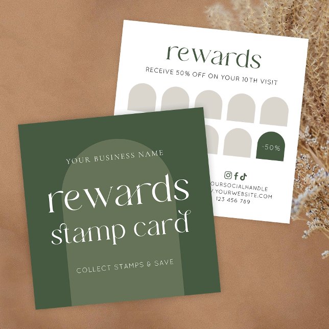 Modern Boho Sage Green Beauty Hair Salon Loyalty Card (Trendy boho sage green business rewards cards with 10 stamp slots (add/remove slots if you like))