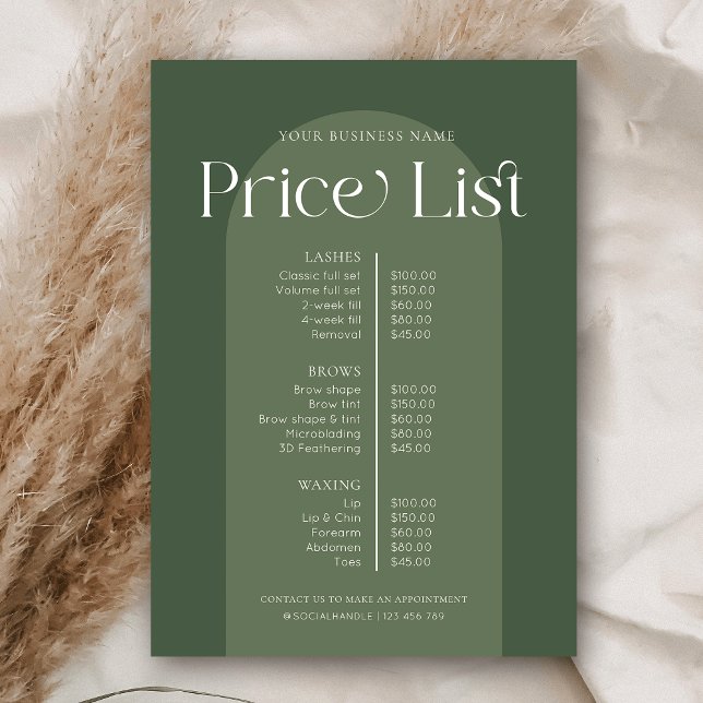 Modern Boho Sage Green Hair Nails Salon Price List (Trendy Boho Price List in Sage Green with modern display fonts and elegant layout)
