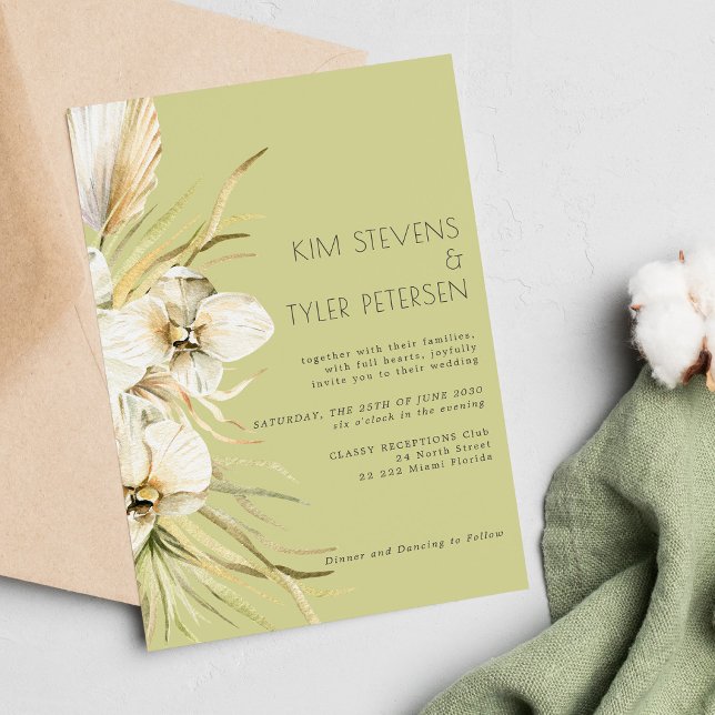 Modern boho sage green pampas grass orchid wedding invitation (Creator Uploaded)
