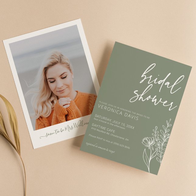 Modern Boho Sage Green Photo Bridal Shower Minimal Invitation (Creator Uploaded)