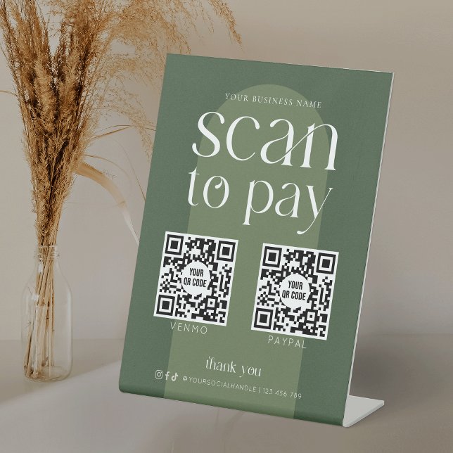 Modern Boho Sage Green Scan To Pay 2 QR Codes Pedestal Sign (Modern boho arch business QR code Scan to Pay sign in sage green and white)