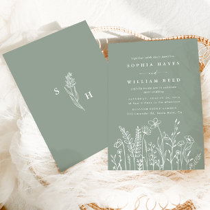 Modern Boho Sage Green Wildflower Wedding Invitation