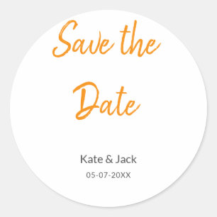 Modern boho save the date add QR name date orange Classic Round Sticker
