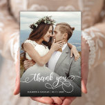 Modern Boho Script Photo Wedding Thank You Card<br><div class="desc">Modern Boho Chic Calligraphy Script Wedding Photo Thank You Card. Stylish wedding thank you template featuring a full vertical photo on the front with the text "Thank You" in a whimsical swirly hand lettering typography script swash tail font in white overlay on the picture. 2-sided card with 2 photo. Easily...</div>