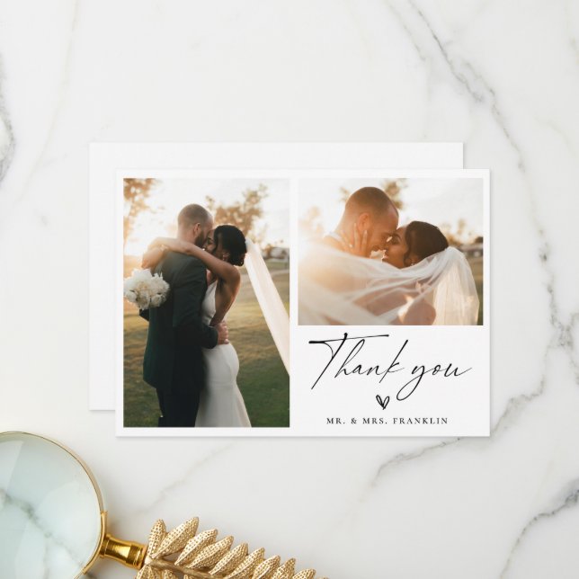 Modern Boho Script Wedding Photo Thank You Card (Front/Back In Situ)
