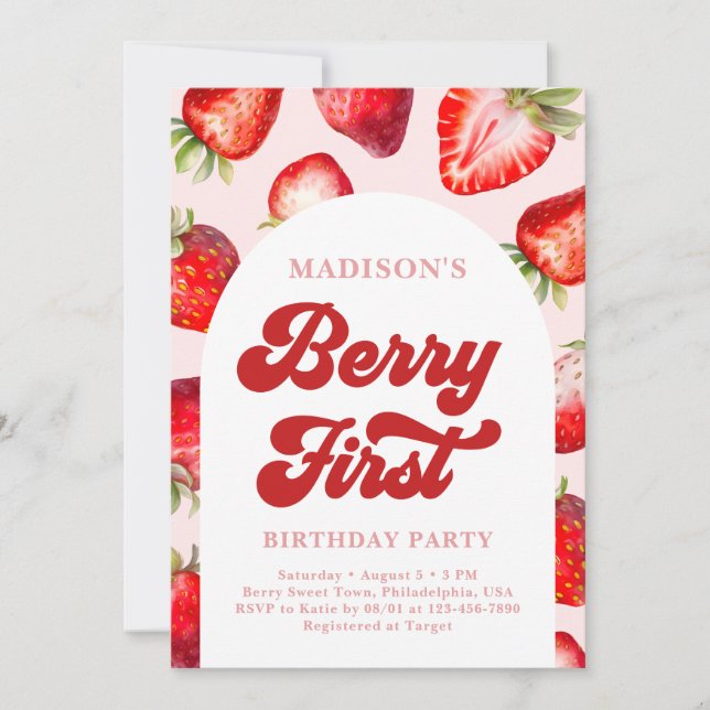 Modern Boho Strawberry Berry First Birthday  Invitation (Front)
