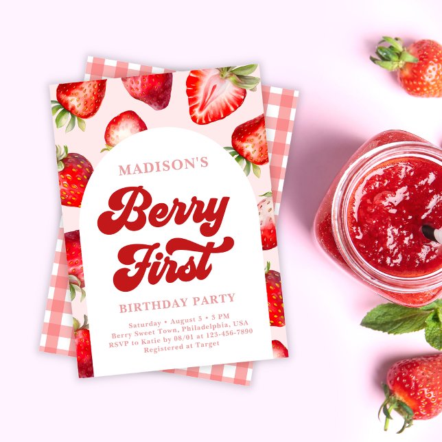 Modern Boho Strawberry Berry First Birthday  Invitation (Creator Uploaded)