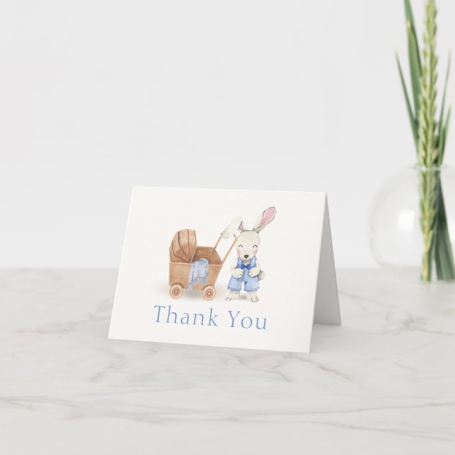 Modern Boho Stroller Rabbit Boy Baby Shower Thank You Card (Front)