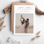 Modern Boho Style Simple & Elegant 2 Photo Wedding Invitation<br><div class="desc">A modern, minimalist wedding invitation featuring two of your favourite engagement photos. The front of this card features your names and wedding date in classic black and white typography. The first photo appears underneath. Cards reverse to a second photo of your choice, covered with a semi-transparent white overlay to make...</div>