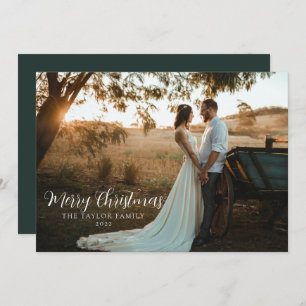 Modern Boho Stylish Green Christmas Couple Photo Holiday Card