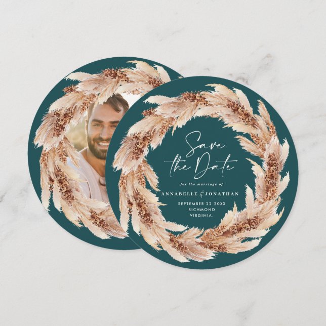Modern boho teal pampas grass photo save the date invitation (Front/Back)