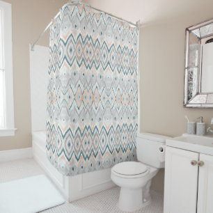 Modern Boho Teal Peach Pale Grey Chevron Pattern Shower Curtain