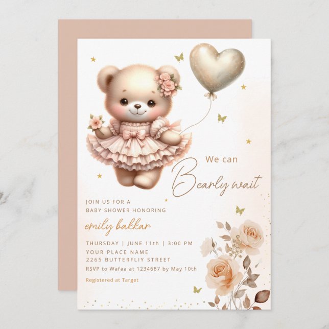 Modern Boho Teddy Bear Balloon Girl Baby Shower  Invitation (Front/Back)
