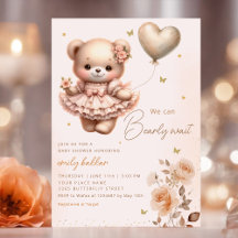 Modern Boho Teddy Bear Balloon Girl Baby Shower 