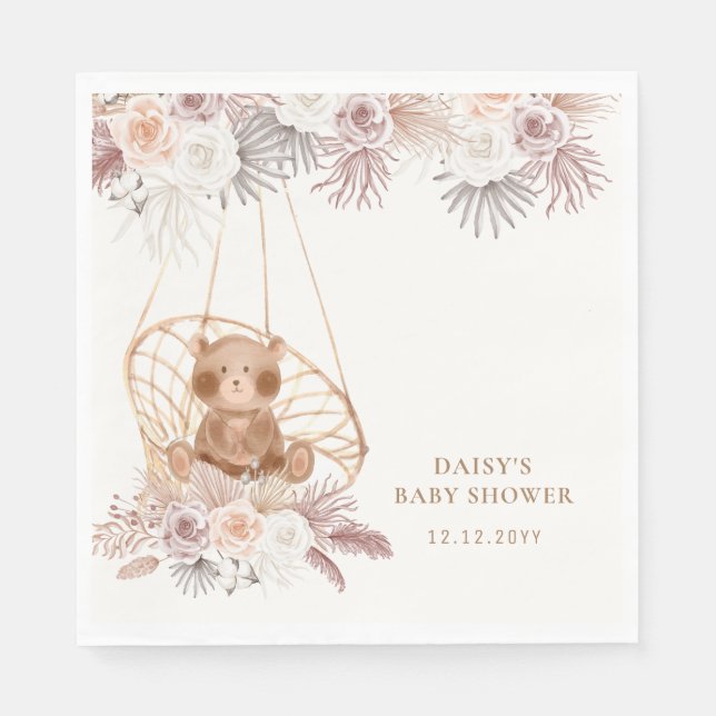 Modern Boho Teddy Bear Pampas Baby Shower  Napkin (Front)