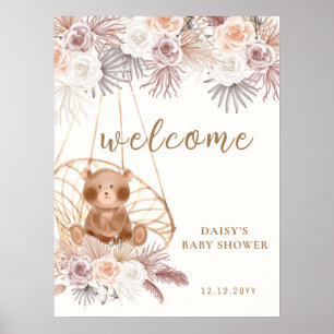 Modern Boho Teddy Bear Pampas Baby Shower Welcome Poster