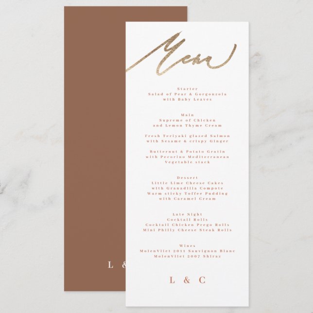 Modern Boho Terracotta Orange Gold Wedding Menu (Front/Back)