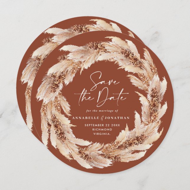 Modern boho terracotta pampas grass wedding photo invitation (Front/Back)