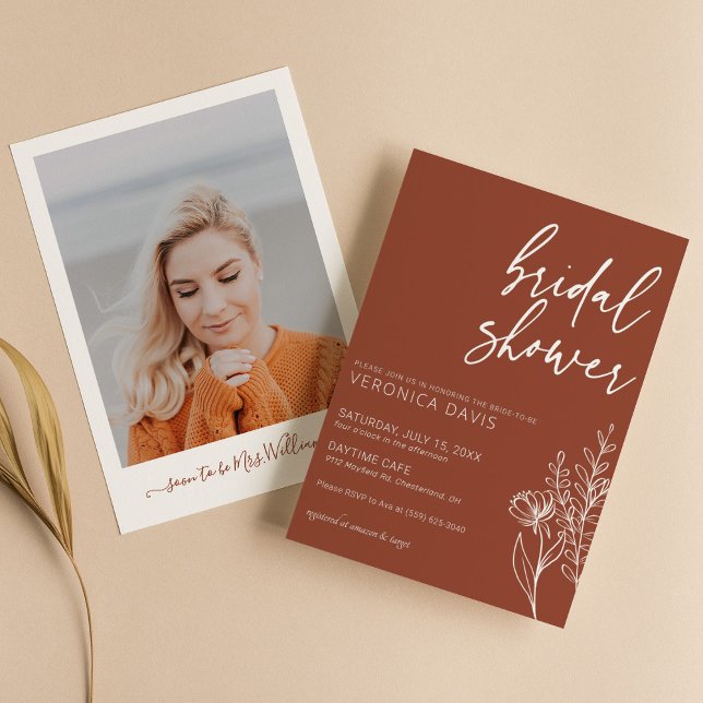 Modern Boho Terracotta Photo Bridal Shower Minimal Invitation (Creator Uploaded)