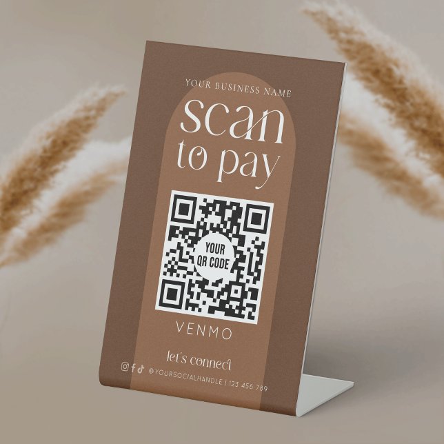 Modern Boho Terracotta Scan To Pay QR Code Shop Pedestal Sign (Bohemian Scan To Pay QR code pedestal sign for your business. Featuring modern terracotta design)