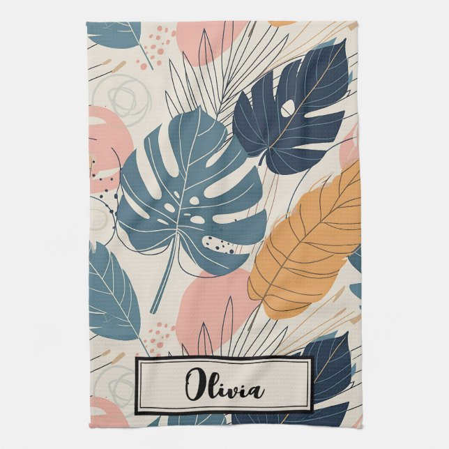 Modern Boho Tropical Leaves Abstract Tea Towel (Vertical)
