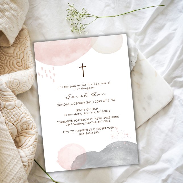 Modern Boho Watercolor Abstract Cross Baptism  Invitation (Modern Boho Watercolor Abstract Cross Baptism Invitation)
